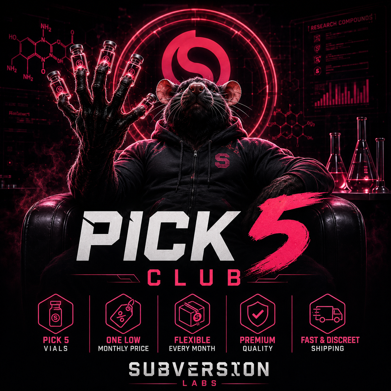 Pick 5 Club — five research vials, one low monthly price